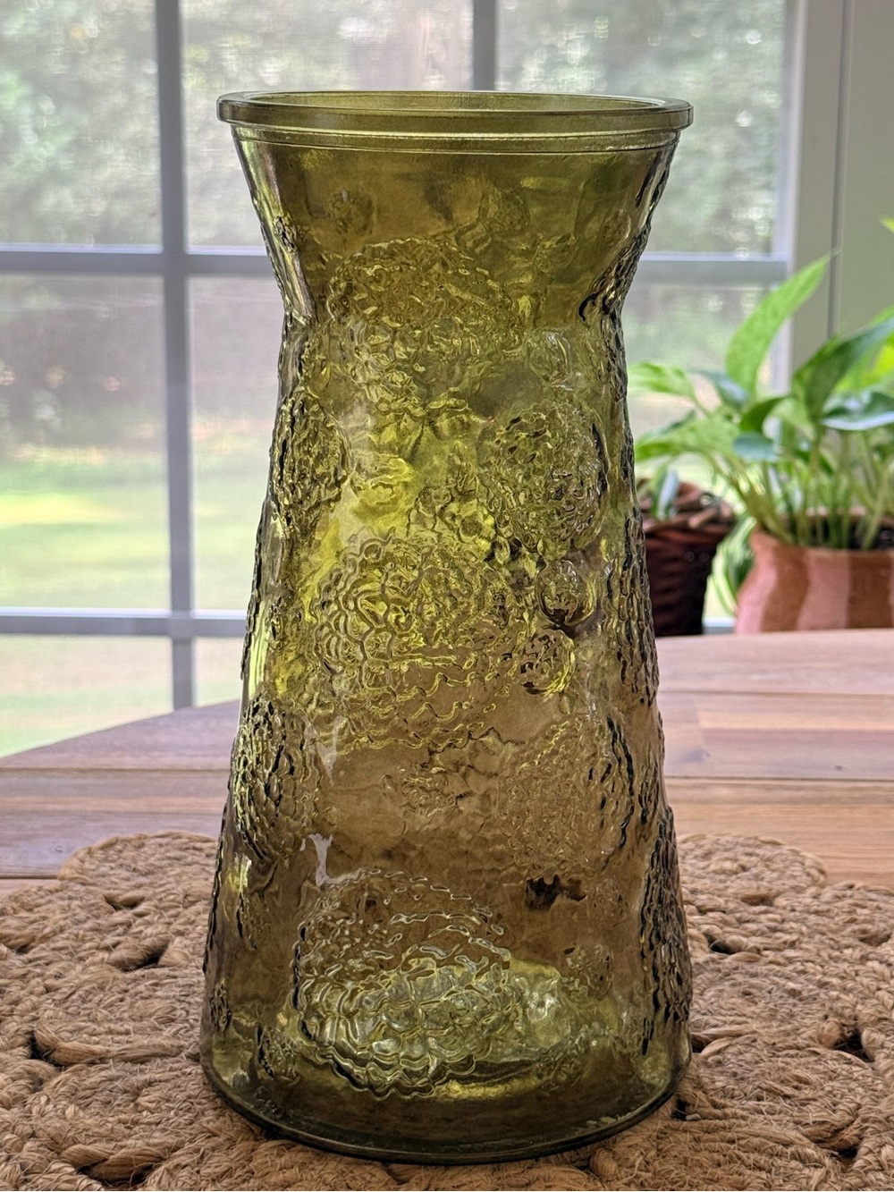 Vintage Olive Green Textured Glass Vase - Fenton Acorn 10”